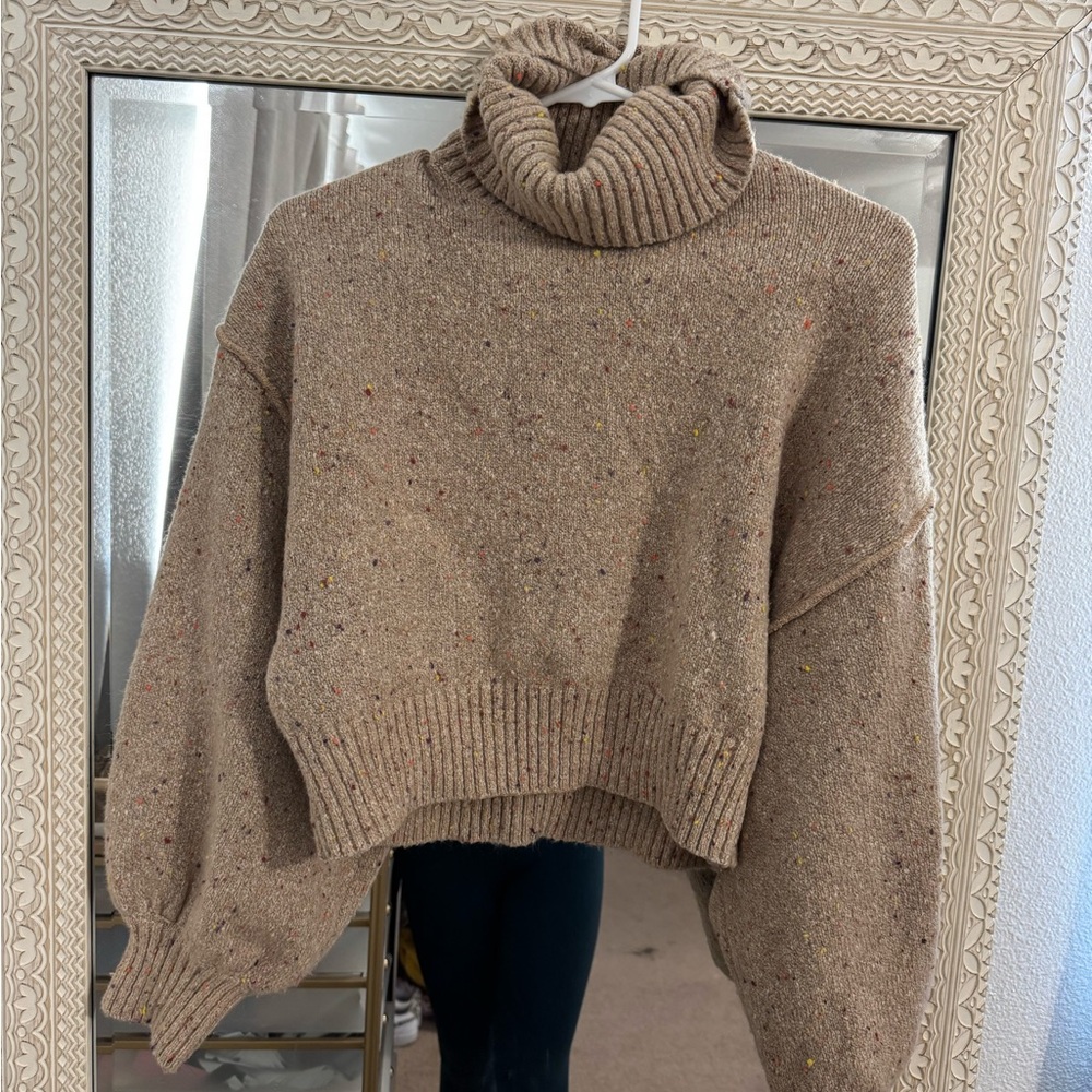Cozy Cropped Taupe Speckled Turtleneck Sweater